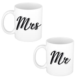 Bellatio Witte Mr en Mrs cadeau mok / beker voor koppels 300 ml -