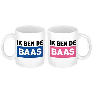 Bellatio Ik ben de Baas mok roze en blauw - Bruiloft huwelijks koppel cadeau -