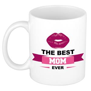 Bellatio The best mom ever cadeau mok / beker wit met wimpel en kus -