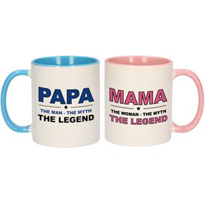 Bellatio Papa en mama the legend mok met gekleurde binnenkant - Cadeau beker set voor Papa en Mama -