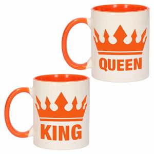 Bellatio Cadeauset van oranje King en Queen mokken/bekers 300 ML -