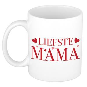 Bellatio Liefste mama kado mok / beker met rode tekst en hartjes voor Moederdag / verjaardag -