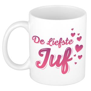 Bellatio De liefste juf kado mok / beker wit met roze hartjes - verjaardagscadeau -