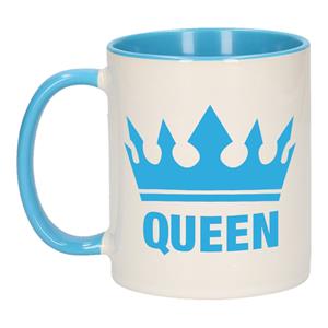 Bellatio Cadeau Queen mok/ beker blauw wit 300 ml -