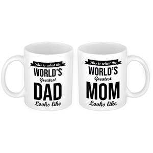 Bellatio The Greatest Mom en Dad mok - Cadeau beker set voor Papa en Mama -