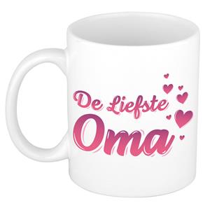 Bellatio De liefste oma kado mok / beker wit met roze hartjes - verjaardagscadeau -