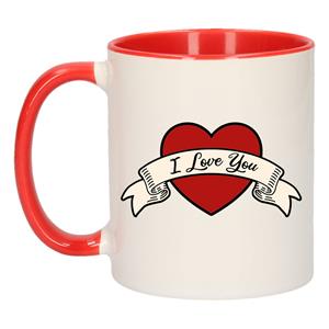 Bellatio I love you cadeau mok / beker in de kleur wit / rood met hartje en banner 300 ml -