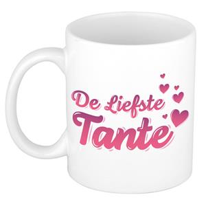 Bellatio De liefste tante kado mok / beker wit met roze hartjes - verjaardagscadeau -