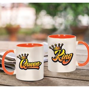 Bellatio King and queen met kroon cadeau mok / beker wit en oranje -