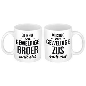 Bellatio Geweldige broer en zus mok - Cadeau beker set voor Broer en Zus -