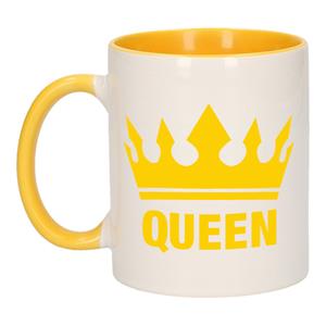 Bellatio Cadeau Queen mok/ beker geel wit 300 ml -