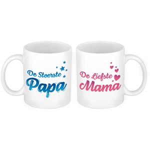 Bellatio Liefste mama en stoerste papa mok - Cadeau beker set voor Papa en Mama -