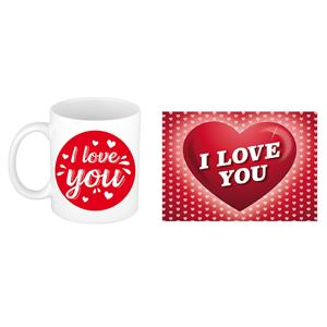 Bellatio I love you cadeau mok / beker wit cirkel met hartjes 300 ml inclusief Valentijnskaart -