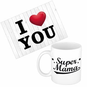 Bellatio Mama jarig/Moederdag cadeau drink mok/beker + Love you wenskaart -