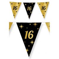 Paperdreams 3x stuks leeftijd verjaardag feest vlaggetjes 16 jaar geworden zwart/goud 10 meter -