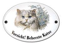 Muldenthaler Emaillewerk Katzenschild Vorsicht beherzte Katze aus Emaille 18,3 x 14,3 cm