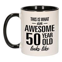 Bellatio Awesome 50 year old mok / beker zwart wit 300 ml - Verjaardag mokken -