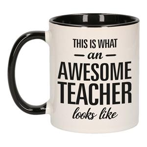 Bellatio Awesome teacher / Geweldige leerkracht mok / beker zwart wit 300 ml - Cadeau mokken -