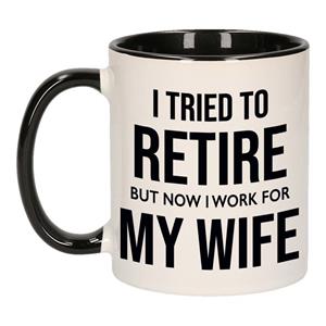 Bellatio I tried to retire but now I work for my wife pensioen mok / beker wit met zwart afscheidscadeau 300 -