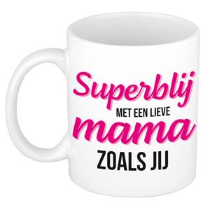 Bellatio Super blij met een lieve mama zoals jij cadeau mok / beker wit 300 ml - Cadeau mokken / Moederdag -