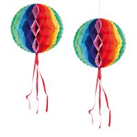 Bellatio Set van 4x stuks hangende decoratie bol/bal in regenboog kleuren dia 30 cm -