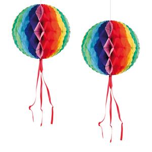 Bellatio Set van 4x stuks hangende decoratie bol/bal in regenboog kleuren dia 30 cm -