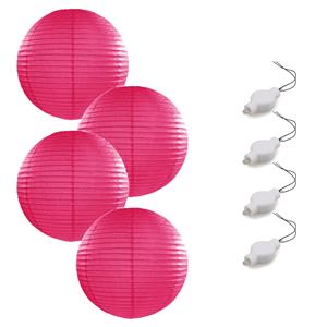 Bellatio Setje van 4x stuks luxe fuchsia roze bolvormige party lampionnen 35 cm met lantaarnlampjes -