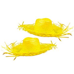 Boland Set van 2x stuks gele Tropische Hawaii thema strohoed met grote rand -