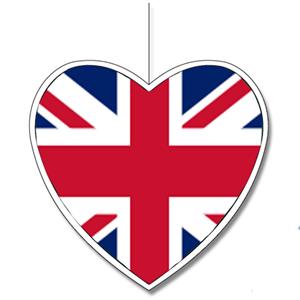 Bellatio Engeland vlag hangdecoratie hartjes vorm karton 14 cm -