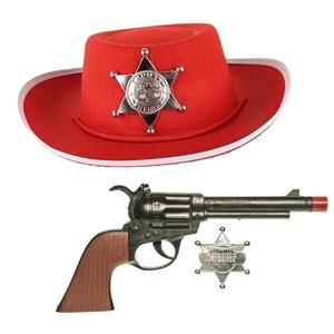 Cowboys speelgoed/verkleed hoed rood met revolver set kinderen 3-delig -