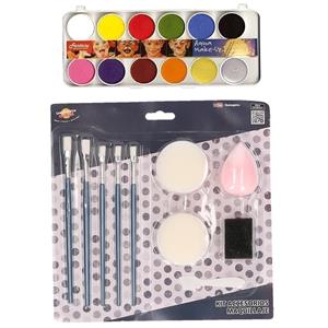 Faram Party kinder schminken set 12-kleuren basic met grimeer gereedschap 10-delig -