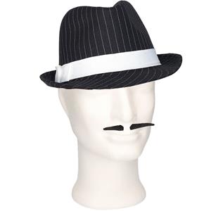 Smiffys Gangster/Maffia verkleed set hoed zwart/wit met snorretje -