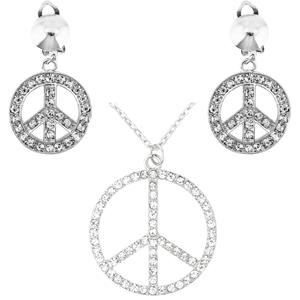 Widmann Toppers - Hippie Flower Power Sixties sieraden peace teken strass ketting en oorbellen -