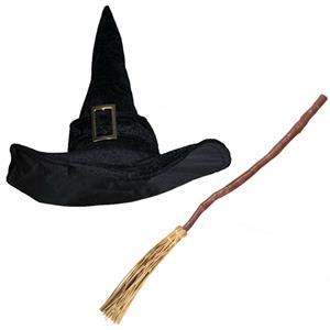 Funny Fashion Halloween - Heksen verkleed set dames heksenhoed met bezem -