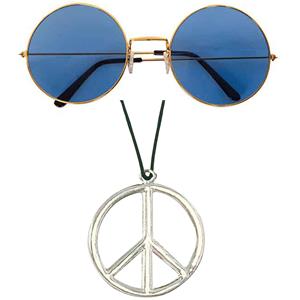 Toppers - Hippie Flower Power Sixties verkleed set ketting met blauwe party bril -