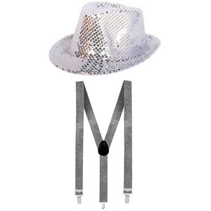 Faram Party Toppers - Carnaval verkleed set hoed met bretels zilver glitters -