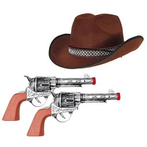 Faram Party Cowboyhoed bruin en 2 revolvers verkleed set voor volwassenen