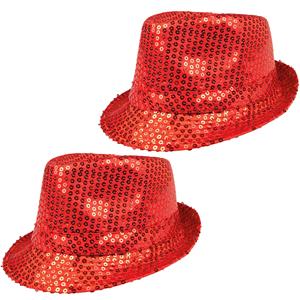 Boland 2x Stuks Trilby hoeden met pailletten - rood - glitter -