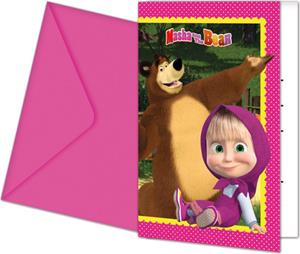 Procos Mascha und der Bär Einladungskarten, 6er Pack inkl. Umschlägen in pink