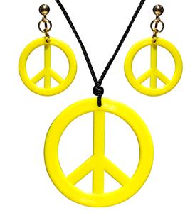 Hippie oorbellen en ketting Peace geel