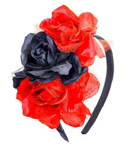 Halloween haarbandje met zwarte rode rozen voor enge bruiden