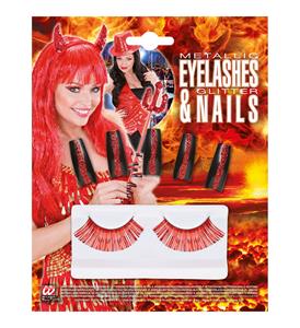 Accessoires voor Halloween set oogwimpers rood met 10 glitternagels