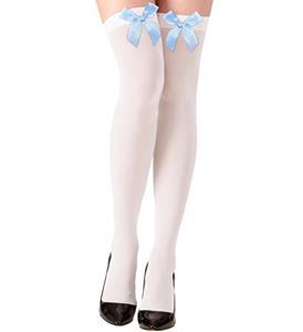Carnavalsaccessoires: Hoge witte kousen met blauwe strik