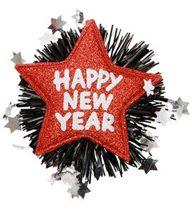 Feestartikelen: Broche happy new year rood