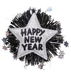 Feestartikelen: Broche happy new year zilver