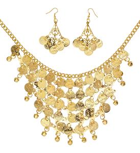 Oorbellen en halsbandje met gouden muntjes voor carnaval