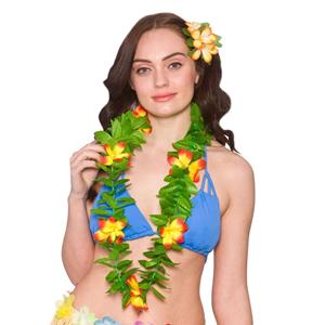 Mooie Hawaii slinger met groene blaadjes en gele bloemen