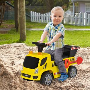 HOMCOM zittende graafmachine voor Kinderen zitvoertuig met kiepbak en schop voet zitauto onder stoel opslag voor baby 18-36 maanden metaal