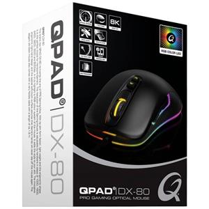 Qpad QPAD DX-80. Vormfactor: Ambidextrous. Bewegingsdetectietechnologie: Opto-mechanisch, Aansluiting: USB Type-A, Bewegingsresolutie: 8000 DPI, Maximaal 30 frames per seconde: 4000 fps, Responstijd: 