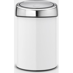 Brabantia Touch Bin, Mülleimer, Abfalleimer, Papierkorb mit Kunststoffeinsatz, Wandhalterung, Deckel Brilliant Steel, White, Weiß, 3 L, 364488